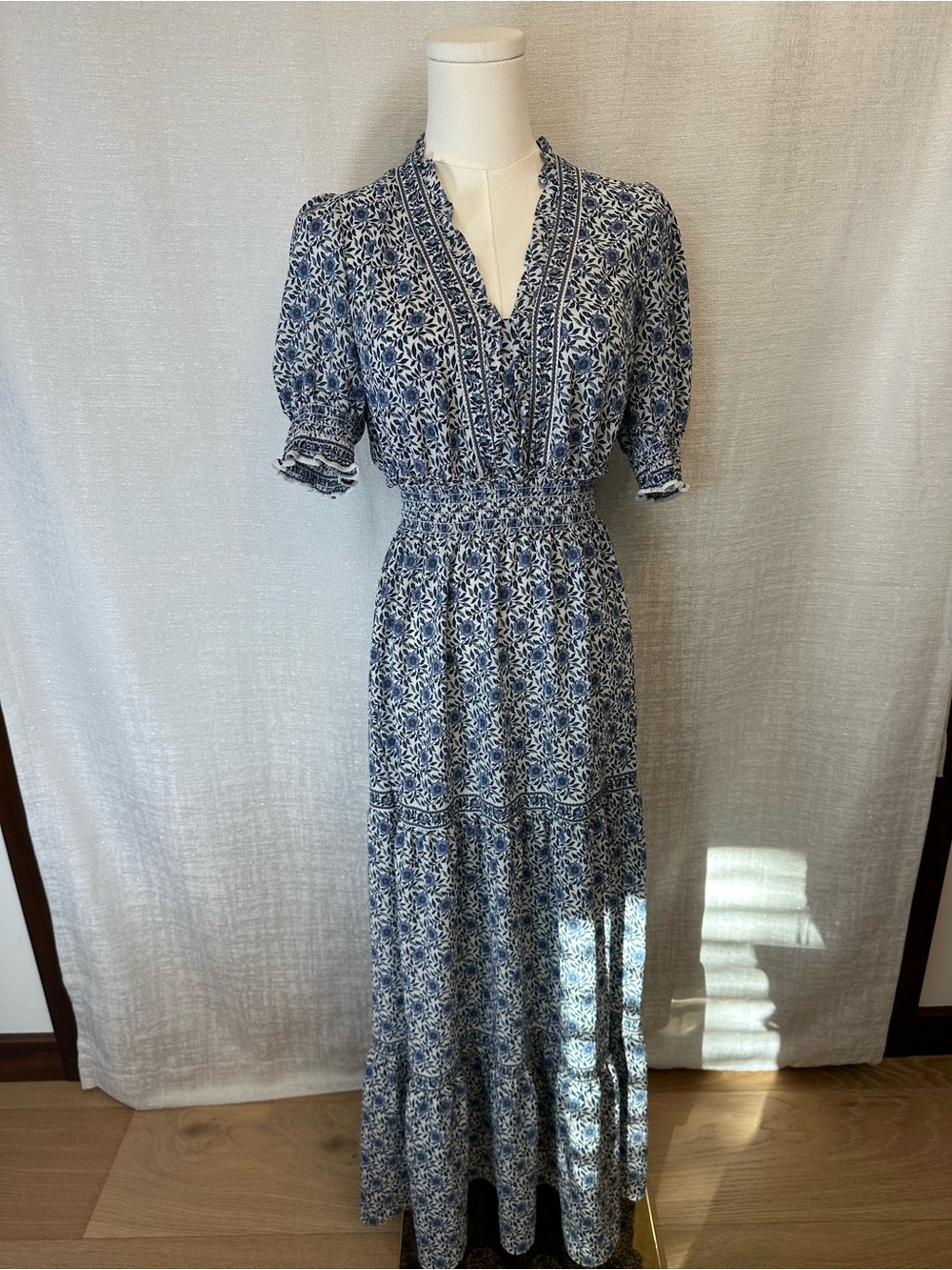 Max Studio Boho Blue Floral Tiered Maxi Dress with Smocked Waist